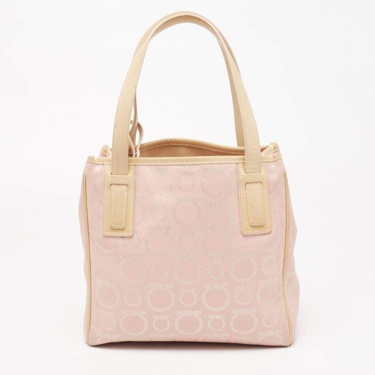 Pre Owned Salvatore Ferragamo Pink/Beige Signature Coated Canvas and Leather Tote