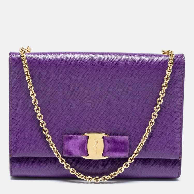 Pre Owned Salvatore Ferragamo Purple Leather Vara Bow Chain Bag