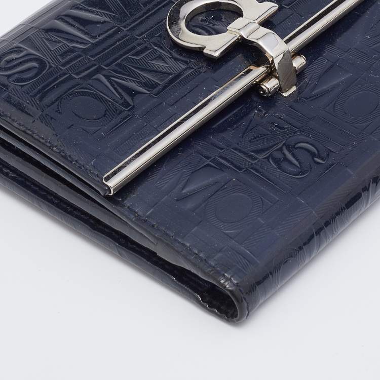 Pre Owned Salvatore Ferragamo Navy Blue Logo Embossed Patent Leather Gancini French Wallet