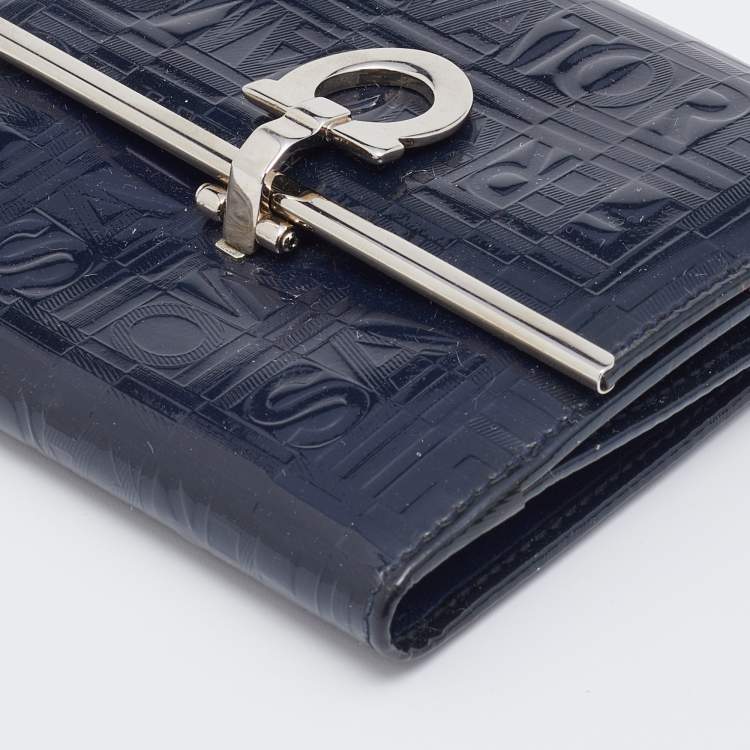 Pre Owned Salvatore Ferragamo Navy Blue Logo Embossed Patent Leather Gancini French Wallet