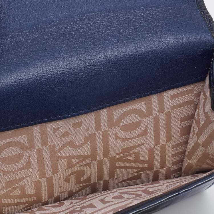 Pre Owned Salvatore Ferragamo Navy Blue Logo Embossed Patent Leather Gancini French Wallet