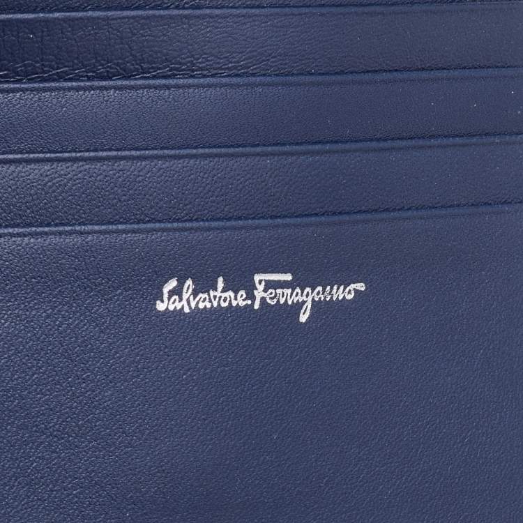 Pre Owned Salvatore Ferragamo Navy Blue Logo Embossed Patent Leather Gancini French Wallet