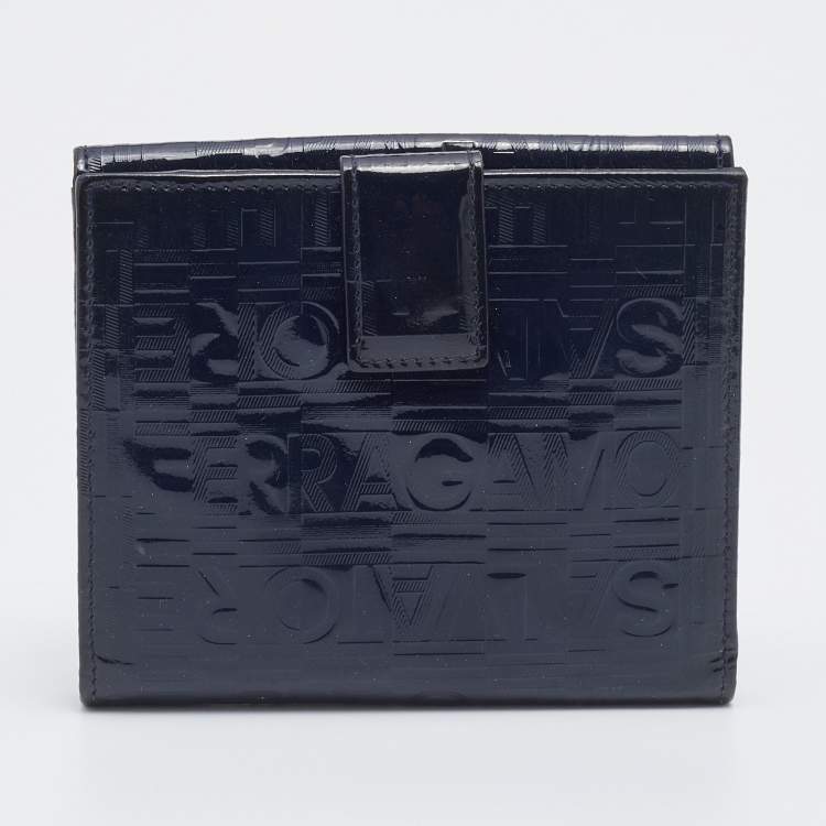 Pre Owned Salvatore Ferragamo Navy Blue Logo Embossed Patent Leather Gancini French Wallet