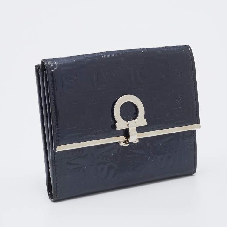 Pre Owned Salvatore Ferragamo Navy Blue Logo Embossed Patent Leather Gancini French Wallet