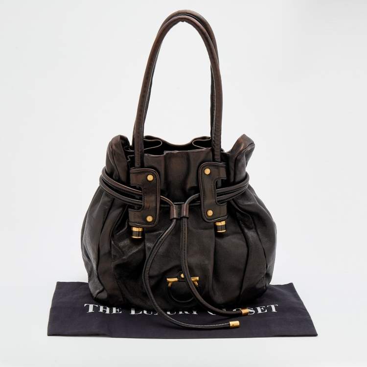 Pre Owned Salvatore Ferragamo Dark Brown Leather Drawstring Hobo
