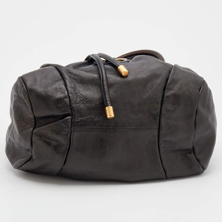 Pre Owned Salvatore Ferragamo Dark Brown Leather Drawstring Hobo