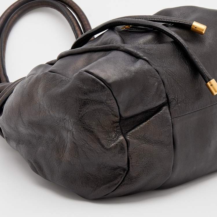 Pre Owned Salvatore Ferragamo Dark Brown Leather Drawstring Hobo