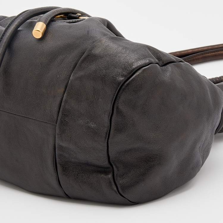 Pre Owned Salvatore Ferragamo Dark Brown Leather Drawstring Hobo