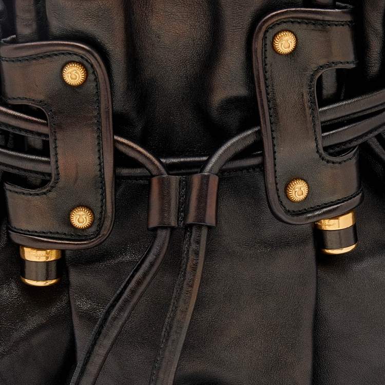 Pre Owned Salvatore Ferragamo Dark Brown Leather Drawstring Hobo