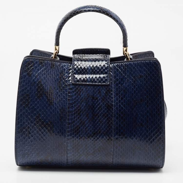 Pre Owned Salvatore Ferragamo Blue Python and Leather Thea Top Handle Bag