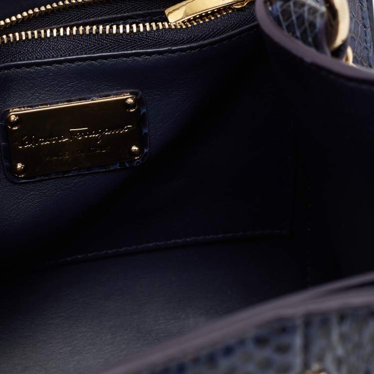 Pre Owned Salvatore Ferragamo Blue Python and Leather Thea Top Handle Bag