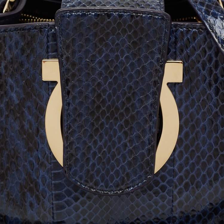Pre Owned Salvatore Ferragamo Blue Python and Leather Thea Top Handle Bag