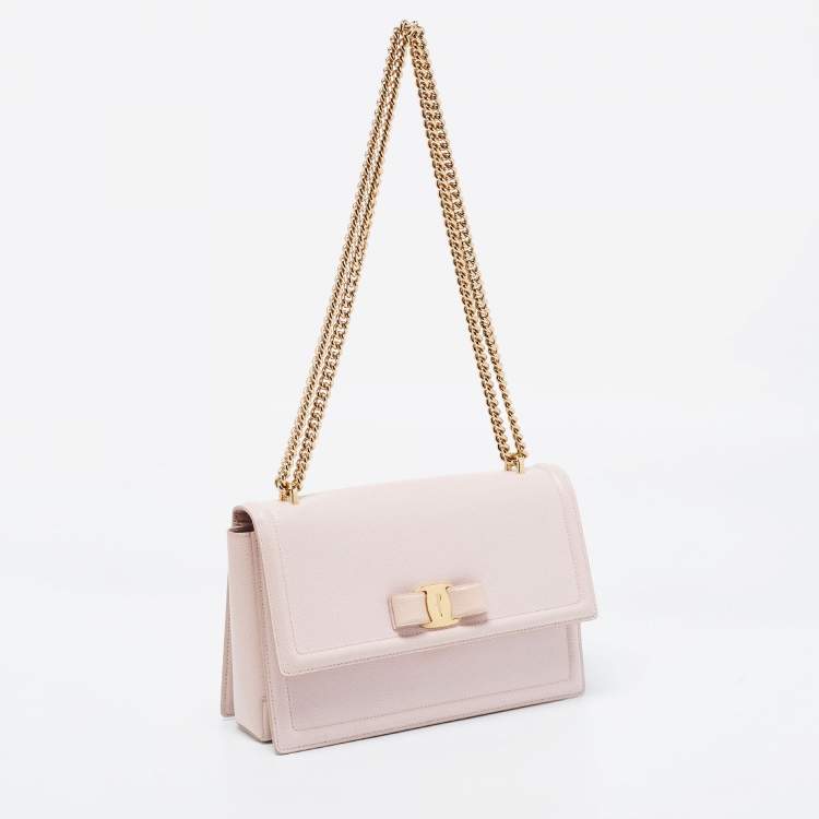 Pre Owned Salvatore Ferragamo Pale Pink Leather Vara Bow Shoulder Bag
