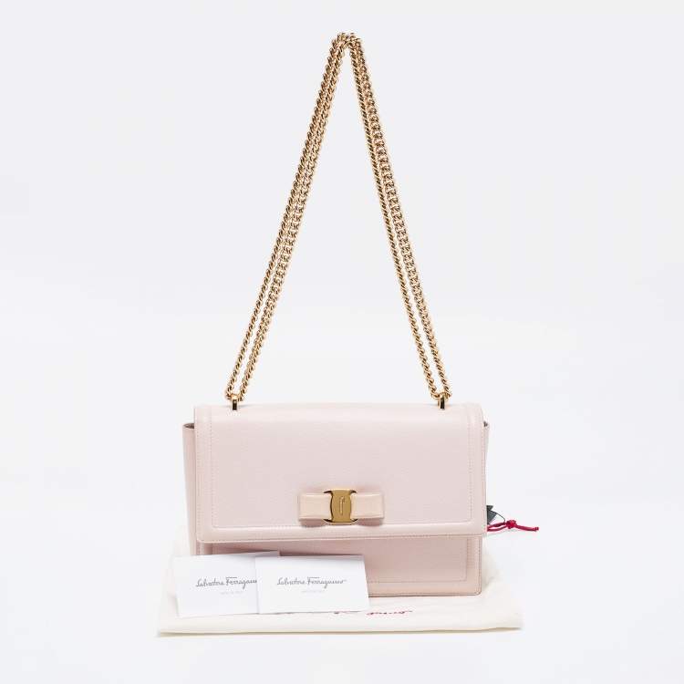 Pre Owned Salvatore Ferragamo Pale Pink Leather Vara Bow Shoulder Bag