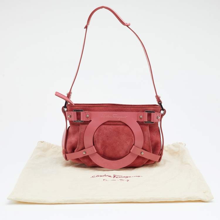 Pre Owned Salvatore Ferragamo Pink Suede and Leather Gancio Baguette Shoulder Bag