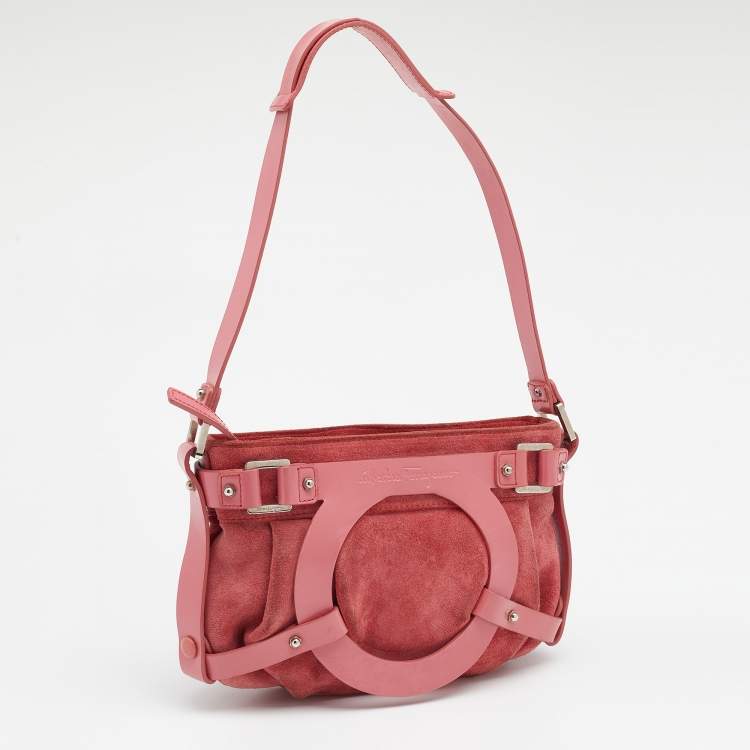 Pre Owned Salvatore Ferragamo Pink Suede and Leather Gancio Baguette Shoulder Bag