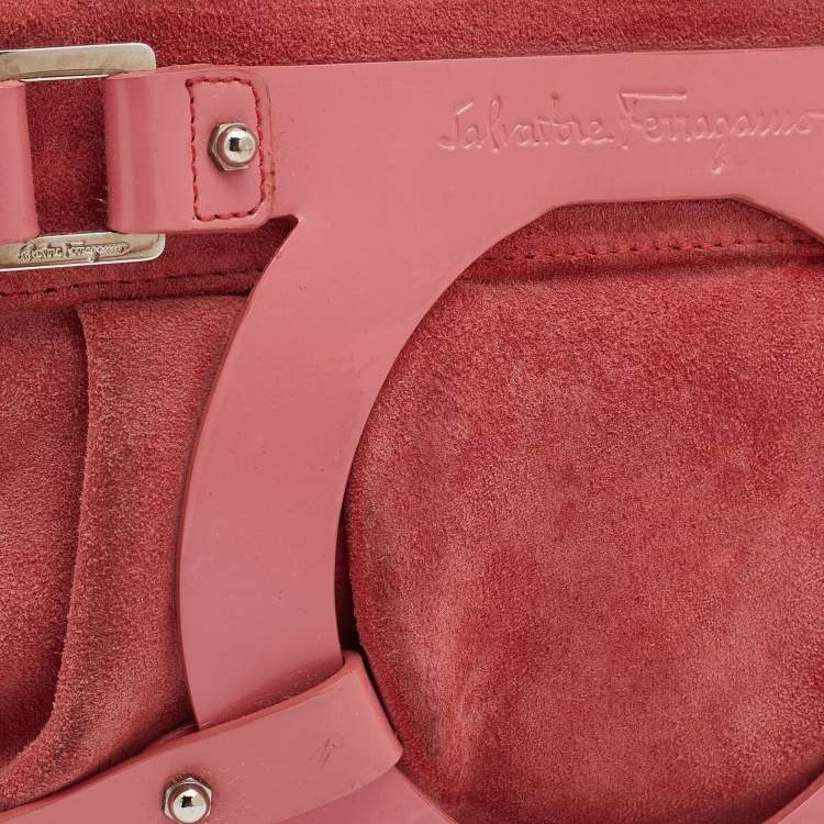 Pre Owned Salvatore Ferragamo Pink Suede and Leather Gancio Baguette Shoulder Bag