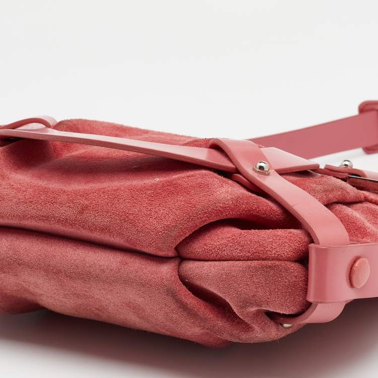 Pre Owned Salvatore Ferragamo Pink Suede and Leather Gancio Baguette Shoulder Bag