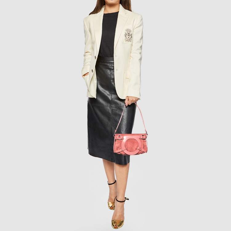 Pre Owned Salvatore Ferragamo Pink Suede and Leather Gancio Baguette Shoulder Bag