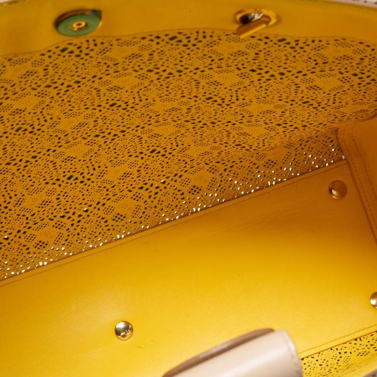 Pre Owned Salvatore Ferragamo Beige Laser Cut Leather Chain Tote