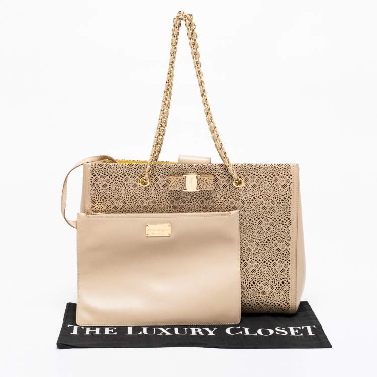 Pre Owned Salvatore Ferragamo Beige Laser Cut Leather Chain Tote
