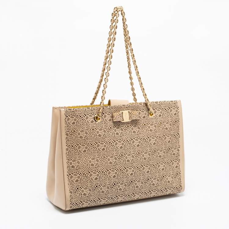 Pre Owned Salvatore Ferragamo Beige Laser Cut Leather Chain Tote