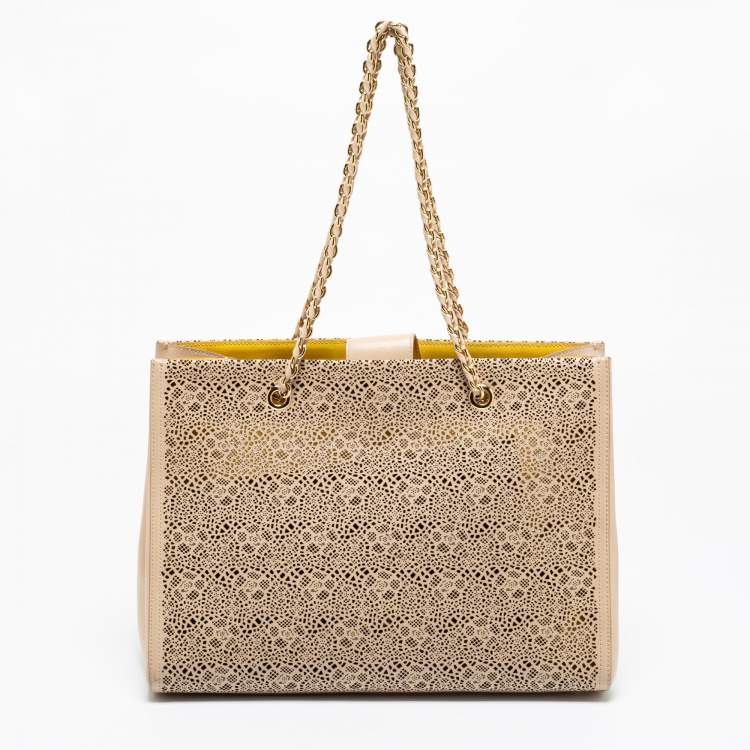 Pre Owned Salvatore Ferragamo Beige Laser Cut Leather Chain Tote