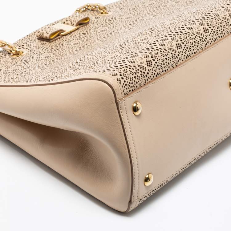 Pre Owned Salvatore Ferragamo Beige Laser Cut Leather Chain Tote