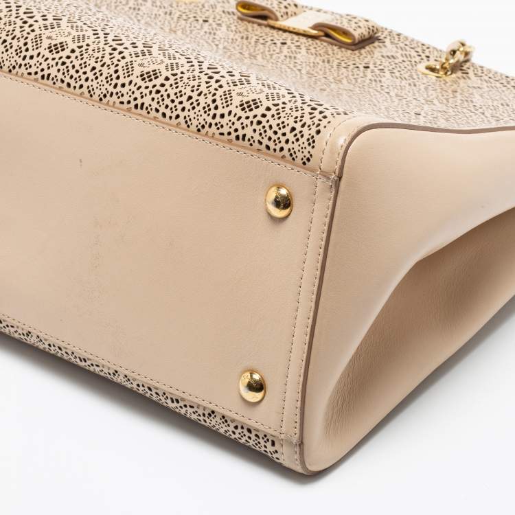Pre Owned Salvatore Ferragamo Beige Laser Cut Leather Chain Tote
