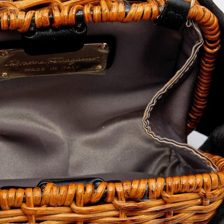Pre Owned Salvatore Ferragamo Black/Brown Rattan and Satin Bow Chain Clutch 