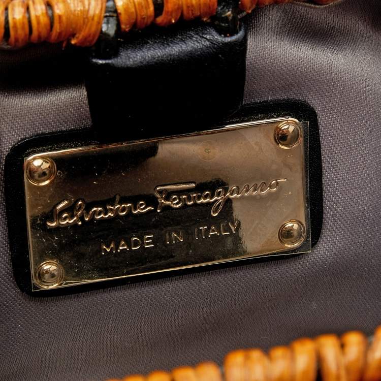 Pre Owned Salvatore Ferragamo Black/Brown Rattan and Satin Bow Chain Clutch 