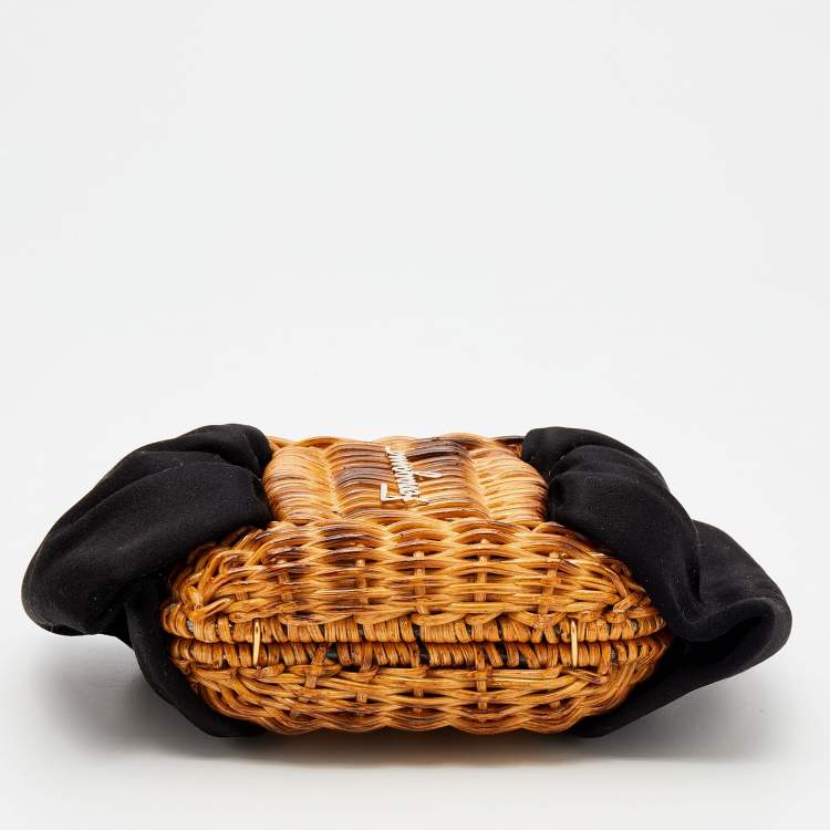 Pre Owned Salvatore Ferragamo Black/Brown Rattan and Satin Bow Chain Clutch 