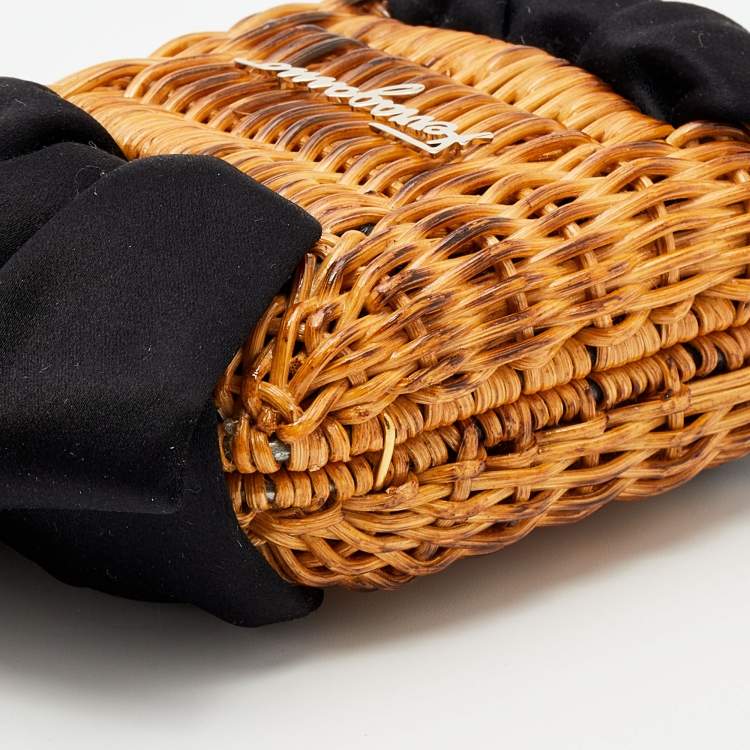 Pre Owned Salvatore Ferragamo Black/Brown Rattan and Satin Bow Chain Clutch 