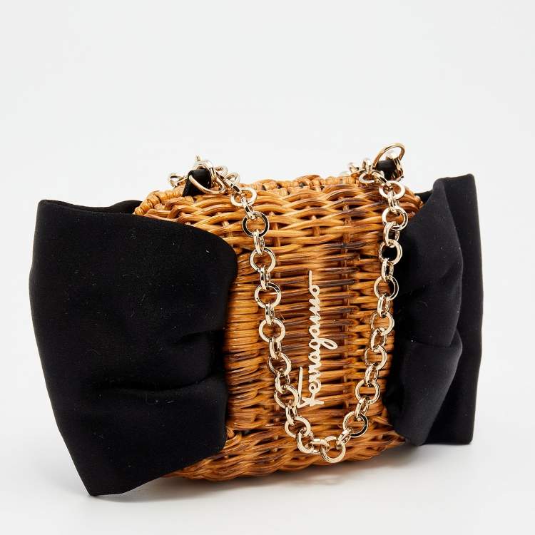 Pre Owned Salvatore Ferragamo Black/Brown Rattan and Satin Bow Chain Clutch 