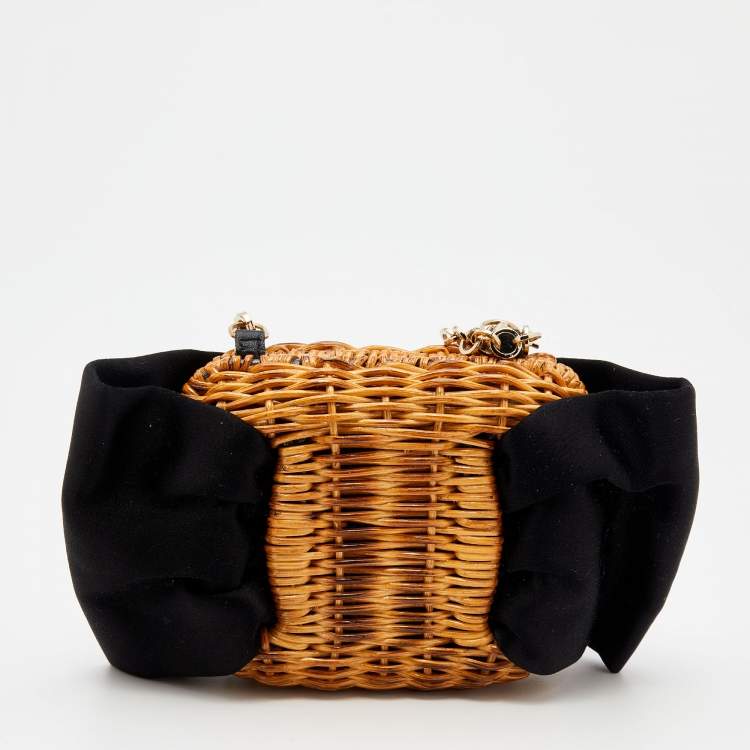 Pre Owned Salvatore Ferragamo Black/Brown Rattan and Satin Bow Chain Clutch 