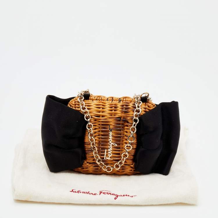 Pre Owned Salvatore Ferragamo Black/Brown Rattan and Satin Bow Chain Clutch 