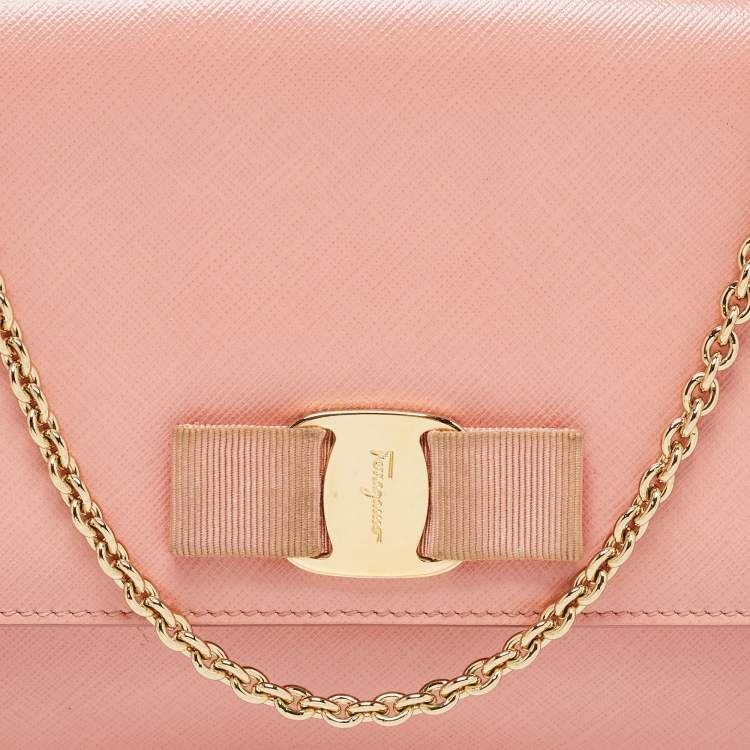 Pre Owned Salvatore Ferragamo Salmon Pink Leather Ginny Chain Shoulder Bag