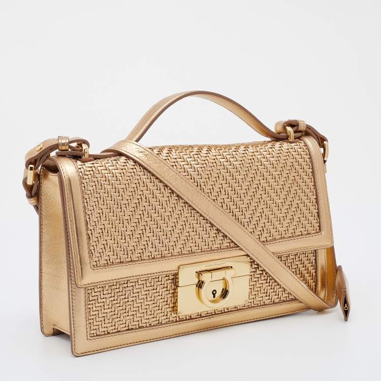 Pre Owned Salvatore Ferragamo Metallic Gold Woven Leather Aileen Gancio Shoulder bag