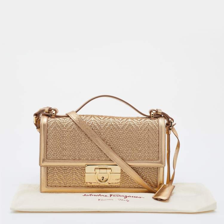 Pre Owned Salvatore Ferragamo Metallic Gold Woven Leather Aileen Gancio Shoulder bag