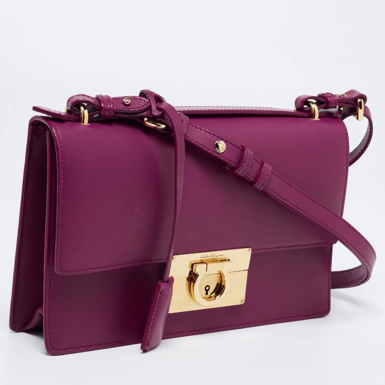 Pre Owned Salvatore Ferragamo Dark Purple Leather Gancio Lock Top Handle Bag