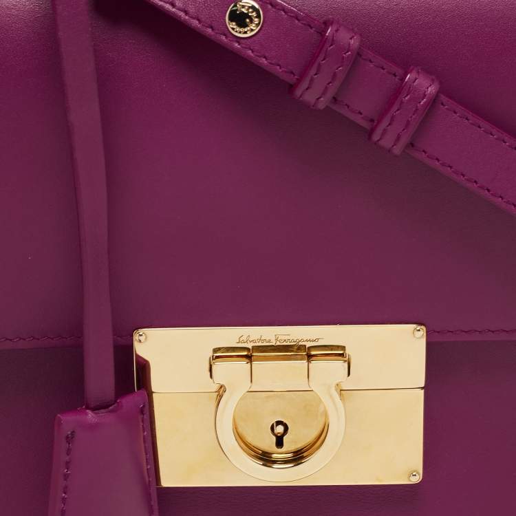 Pre Owned Salvatore Ferragamo Dark Purple Leather Gancio Lock Top Handle Bag