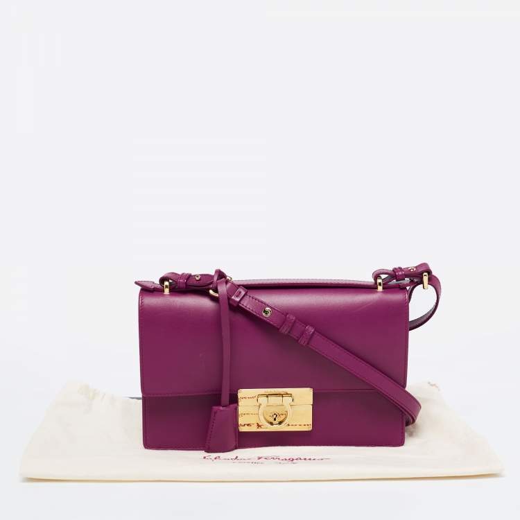 Pre Owned Salvatore Ferragamo Dark Purple Leather Gancio Lock Top Handle Bag