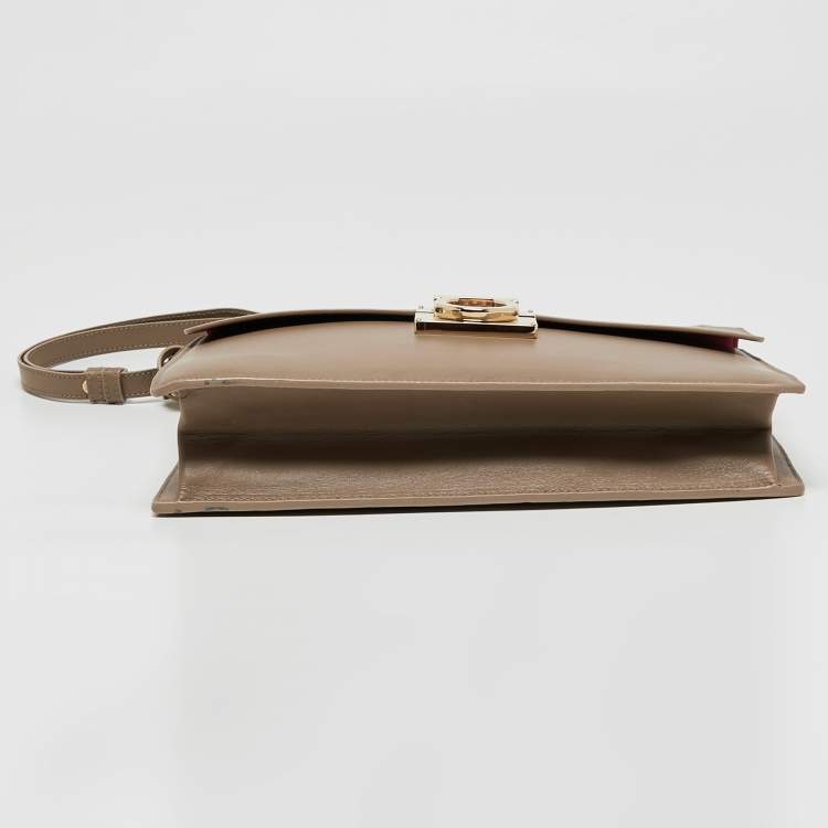 Pre Owned Salvatore Ferragamo Dark Beige Leather Gancio Lock Top Handle Bag