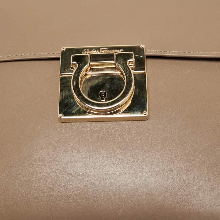 Pre Owned Salvatore Ferragamo Dark Beige Leather Gancio Lock Top Handle Bag