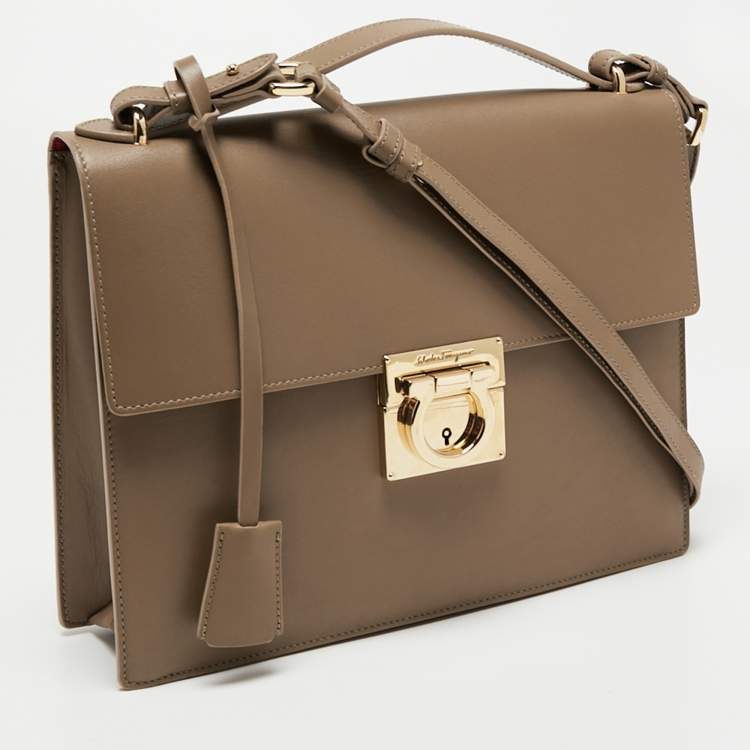 Pre Owned Salvatore Ferragamo Dark Beige Leather Gancio Lock Top Handle Bag