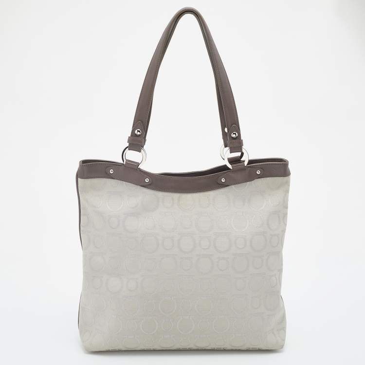 Pre Owned Salvatore Ferragamo Taupe Gancini Canvas And Leather Tote