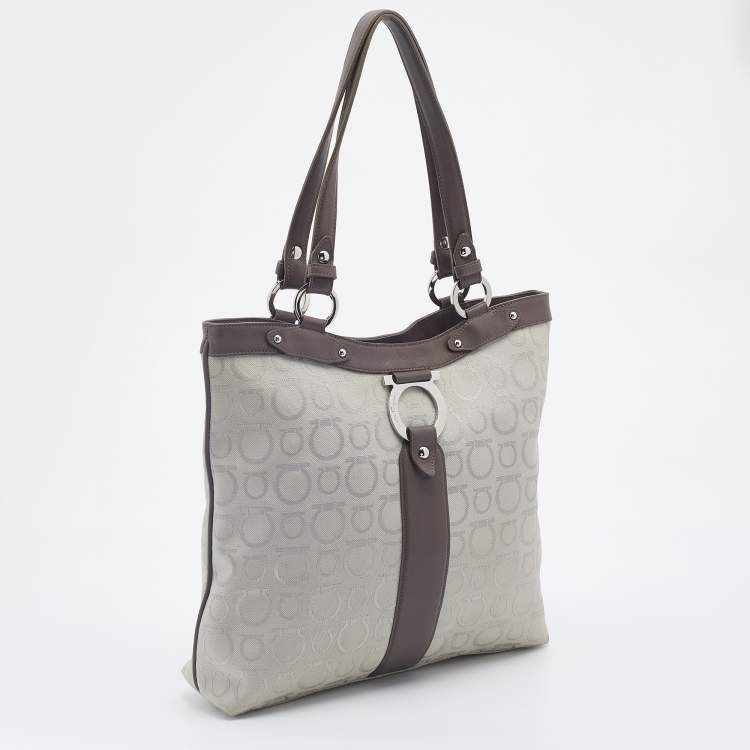 Pre Owned Salvatore Ferragamo Taupe Gancini Canvas And Leather Tote
