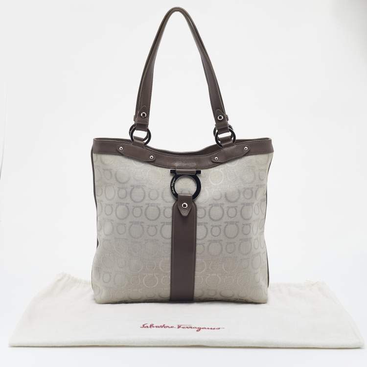 Pre Owned Salvatore Ferragamo Taupe Gancini Canvas And Leather Tote
