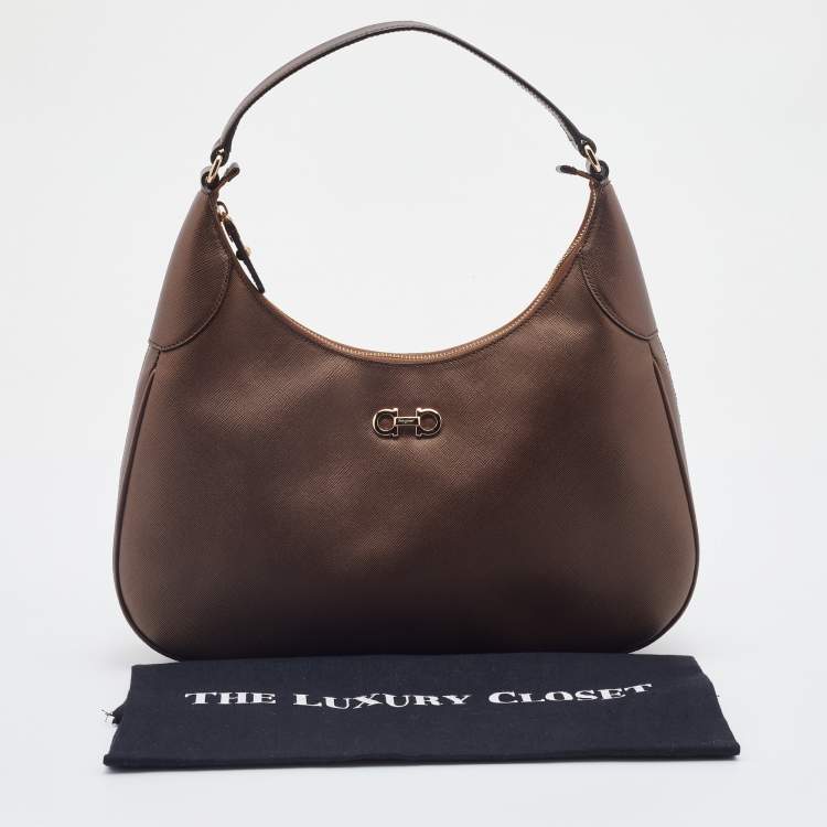 Pre Owned Salvatore Ferragamo Metallic Brown Leather Gancini Romana Hobo