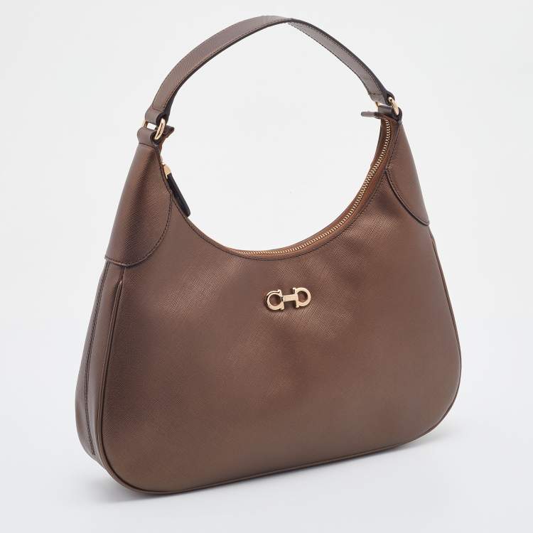 Pre Owned Salvatore Ferragamo Metallic Brown Leather Gancini Romana Hobo